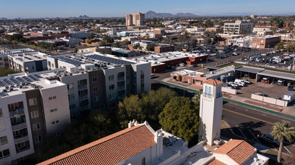 Daytime aerial skyline view of downtown Mesa, Arizona, USA.