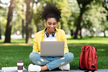 Wall Mural - African American College Girl Using Laptop Sitting Learning In Park