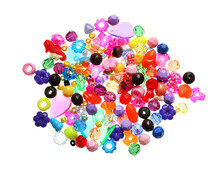 Pile Of Bright Colorful Beads On White Background, Top View