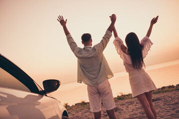 Poster - Back rear view photo of young couple enjoy date honeymoon vacation seaside car freedom hold hands summer outdoors