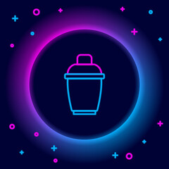 Wall Mural - Glowing neon line Cocktail shaker icon isolated on black background. Colorful outline concept. Vector