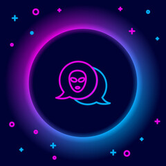 Sticker - Glowing neon line Alien icon isolated on black background. Extraterrestrial alien face or head symbol. Colorful outline concept. Vector