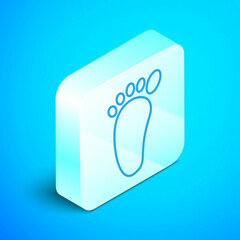 Poster - Isometric line Foot massage icon isolated on blue background. Silver square button. Vector