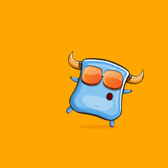 Vector cartoon funny blue monster with horn and sunglasses isolated on orange background. Smiling silly blue monster print sticker design template. Ghost, troll, gremlin, goblin, devil and monster