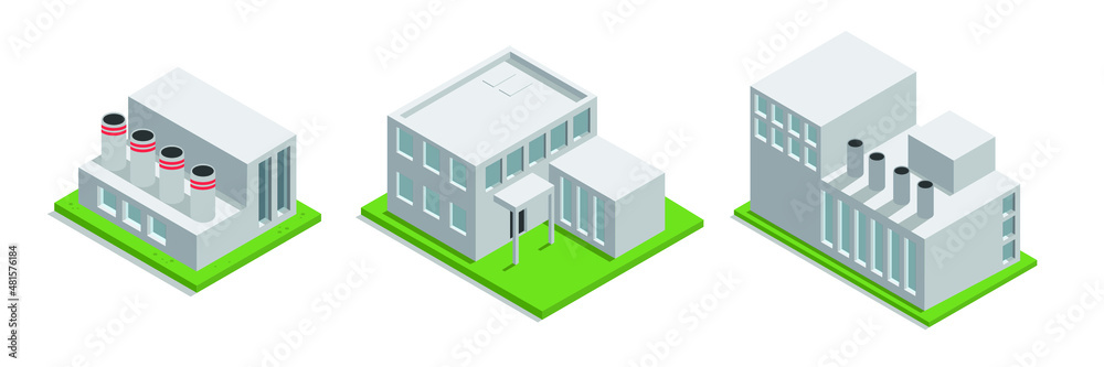 isometric industrial building architecture vector illustration. factory ...