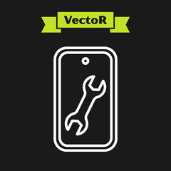 Poster - White line Mobile phone with wrench icon isolated on black background. Adjusting, service, setting, maintenance, repair. Vector