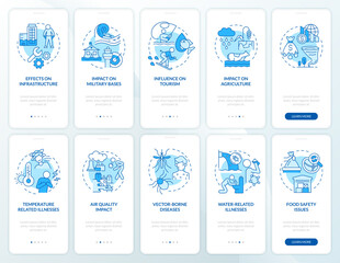 Wall Mural - Climate change blue onboarding mobile app screen set. Global warming walkthrough 5 steps graphic instructions pages with linear concepts. UI, UX, GUI template. Myriad Pro-Bold, Regular fonts used