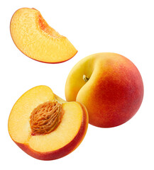 Wall Mural - Flying peach isolated on white background. Clipping path peach. Peach macro studio photo