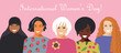 International Women's Day. Crowd of modern stylish women of different nationalities and religions. Pink poster with happy people in the fight for equal rights. 