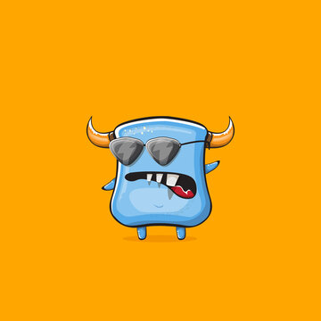 Vector cartoon funny blue monster with horn and sunglasses isolated on orange background. Smiling silly blue monster print sticker design template. Ghost, troll, gremlin, goblin, devil and monster