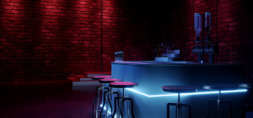 Retro Cyber Sci Fi Neon Glowing Laser Purple BLue Lights Futuristic Bar Club Night Grunge Show Podium Stage Brick Wall Drink Modern Dance Floor 3D Rendering