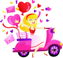 Cartoon Blonde Girl Riding Scooter Delivering Gifts