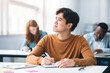 © Prostock-studio - Smiling asian student sitting at desk in classroom thinking