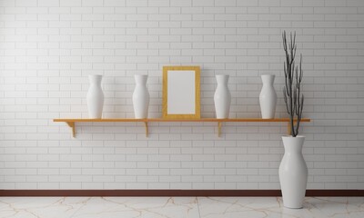 Wall Mural - white vase on the wooden shelf on white brick wall.3d rendering.