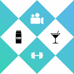 Sticker - Set Paper package for milk, Dumbbell, Movie Video camera and Martini glass icon. Vector