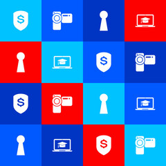 Wall Mural - Set Shield and dollar, Cinema camera, Keyhole and Graduation cap on laptop icon. Vector