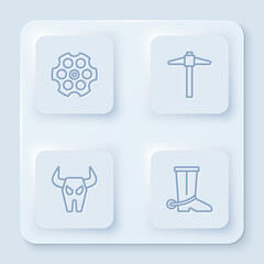 Poster - Set line Revolver cylinder, Pickaxe, Buffalo skull and Cowboy boot. White square button. Vector