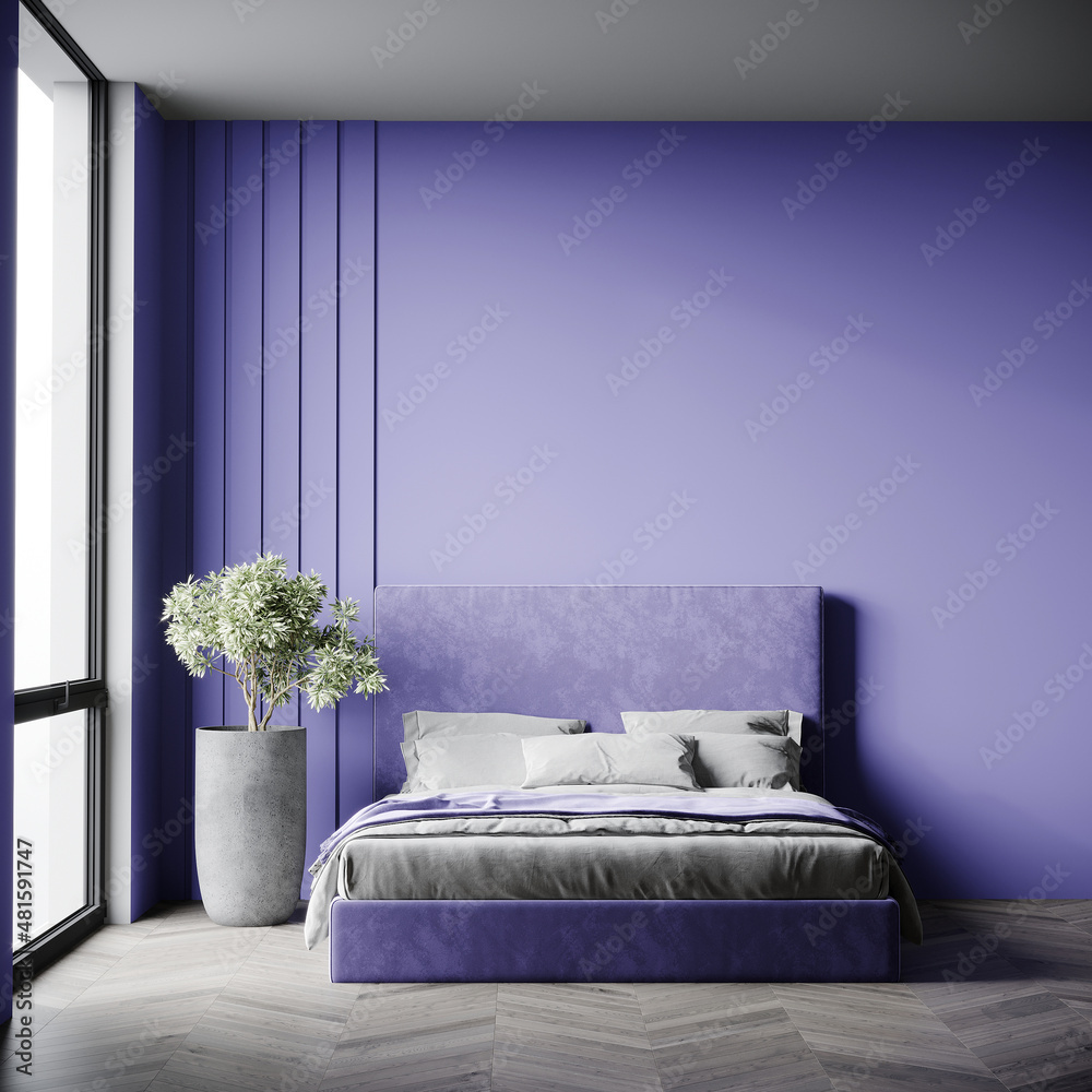 Bedroom in trend very peri color. A bright empty lavender wall and a purple  velor bed. Lilac, amethyst, cornflower shades of room interior design. 3d  render Stock Illustration | Adobe Stock, image size:1000x1000