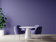 Bright Very Peri Dining Room Template. White Round Table And Lavender Purple Chairs. Empty Wall Blank For Art, Frame Or Decor. 3d Render