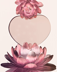 Wall Mural - A heart shaped glass panel and abstract foil flowers are on a light background. Template for Valentine's Day, birthday, anniversary, social media. Copy space. 3d render.