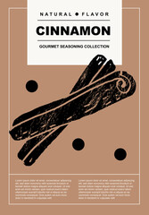 Sticker - Cinnamon. Set of posters of spices, herbs, organic product in a abstract draw design. Label or poster for food preparing and culinary. Simple, flat design. For poster, cover, banner.