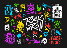 Rock N Roll Doodle Style Colorful Punk Elements Vector Set. Psychedelics Pock Fashion Isolated From Black. Colorful Grunge Elements For Tee Print Design, Print Fabric Texture