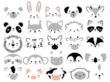 Set Of Cute Animal Faces. Collection Of Animal Portraits Cartoon Style Penguin, Deer, Hare, Bear, Squirrel, Etc. Vector Illustration White Background. Design Of Kids Clothing. Tattoo.