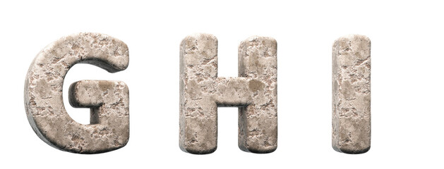 Stone letters G, H, I. 3d render. Rock alphabet. Path save.