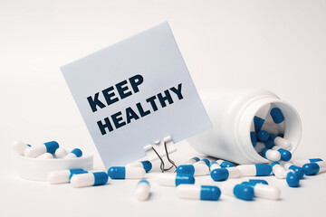 Wall Mural - Text - Keep Healthy, written on sticky note near blue-white pills spilling out of pill bottle. Medical concept