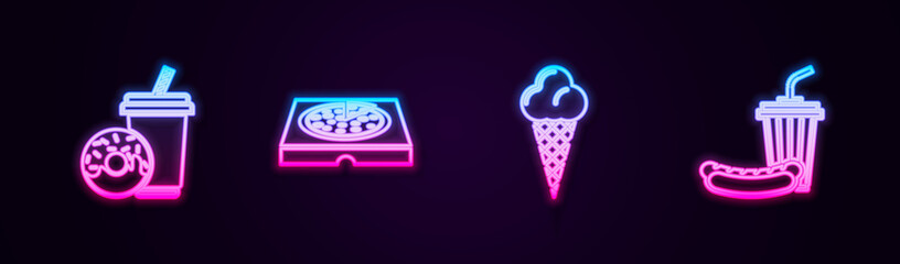 Sticker - Set line Soda drink with donut, Pizza cardboard box, Ice cream waffle cone and and hotdog. Glowing neon icon. Vector