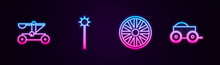 Set Line Catapult Shooting Stones, Medieval Chained Mace Ball, Old Wooden Wheel And Wooden Four-wheel Cart. Glowing Neon Icon. Vector