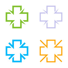 Isolated Colorful Cross Vector Logo Set. Medical Signs Contour Logotypes Collection. Hospital Symbols Group On The White Background. Religious Icons. Arithmetic Plus Symbols.