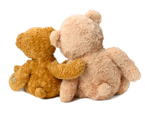 Wall Mural - two teddy bears sit with their backs on a white isolated background. Love and friendship