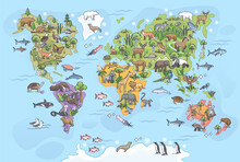 World Map With Animals As All Continents Natural Habitat Outline Concept. Biological And Geographical Distribution Of Mammals And Fishes Vector Illustration. Eurasia, America And Arctic Living Life.