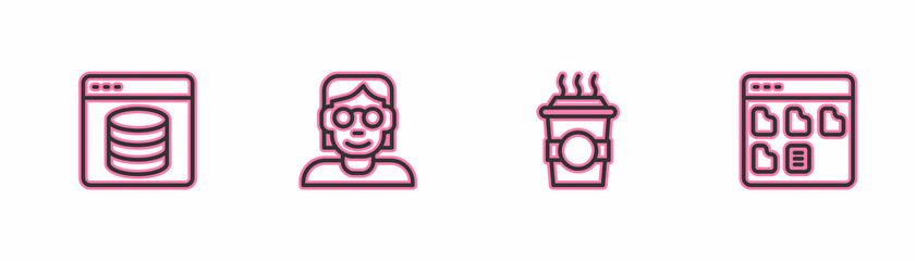 Set line Server, Data, Web Hosting, Coffee cup to go, Hacker or coder and Browser files icon. Vector