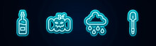 Set Line Bottle Of Wine, Pumpkin, Cloud With Rain And Shovel. Glowing Neon Icon. Vector