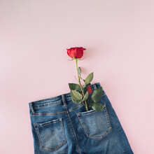 Creative Arrangement Made Of Red Rose In A Jeans Pocket On A Pink Background. Minimal Flat Lay Concept. Love And Valentine's Day Inspiration.