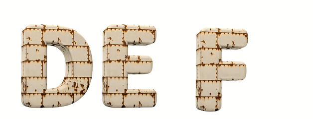 Sticker - Old rusty metal. Letters D, E, F. Alphabet retro 3d render. Isolated in white background. (removes the background in one click.)