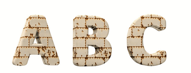 Wall Mural - Old rusty metal. Letters A, B, C. Alphabet retro 3d render. Isolated in white background. (removes the background in one click.)