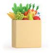 Grocery set. Products for healthy nutrition for weight loss in paper packaging. Vegetarian food. A bag of fresh fruits and vegetables. 3d rendering.