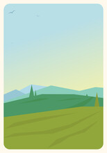Rural Landscape With Fields And Mountains In Sunny Day With Vineyards, Fields, Meadows On The Background. Blue Sky And Green Hills Poster. Art Deco Style Vector Illustration. 