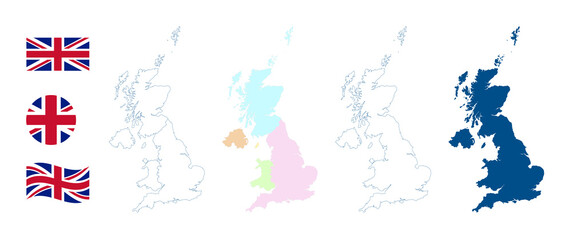 Wall Mural - United Kingdom map. Detailed blue outline and silhouette. The four countries of the United Kingdom. England, Scotland, Wales, Northern Ireland and Isle of Man. Country flag. Set of vector maps.