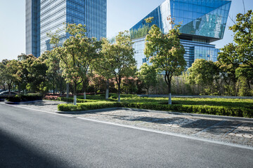 Modern city square platform and city skyscraper