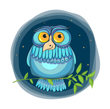 Illustration Of The Funny Owl On The Branch. Night Owl Character