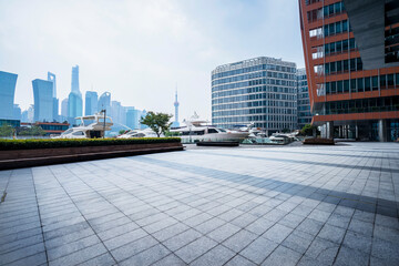 Modern city square platform and city skyscraper.