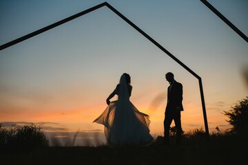 Wall Mural - wedding couple with the sunset