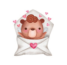 Cupid Brown Bear Come Out From The Envelope With A Little Heart Cartoon Character  Icon Logo Symbol Illustration Doodle Brown For Valentine's Day Or Love, Heart ,will You Marry Me , Miss Concept