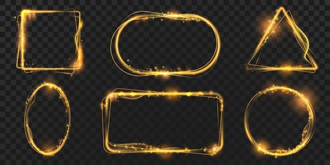 Wall Mural - Circle and square frames with golden magic light effects and sparks. Shining rectangle frame with glitter flare. Glowing banners vector set