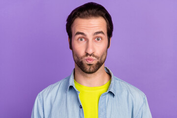Wall Mural - Photo of positive flirty coquettish man pout lips kiss you boyfriend celebrate woman day isolated on violet color background