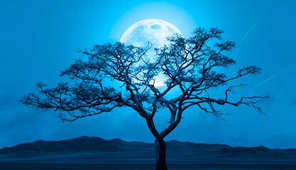 Aufkleber - Lone dead tree with super full blue Moon, amazing clouds in the background 